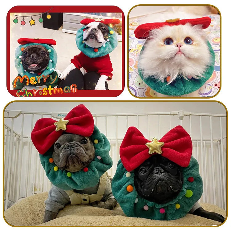 Red bow-knot Christmas pet collar scarf with colourful fuzzy balls on a cat or dog, four sizes available