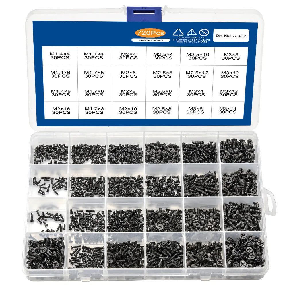 Assortment of small black countersunk head machine screws with cross-head drives for laptop repair.