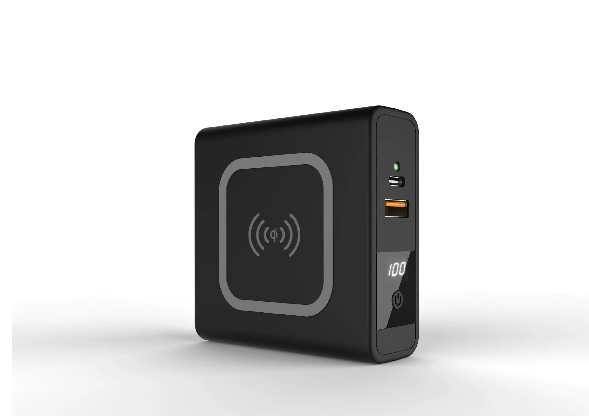 Super QI wireless charging power bank with wall plug in black or white cylindrical design