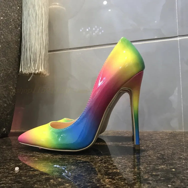 Rainbow multicolour patent leather women's stiletto heels with pointed toe on a white background