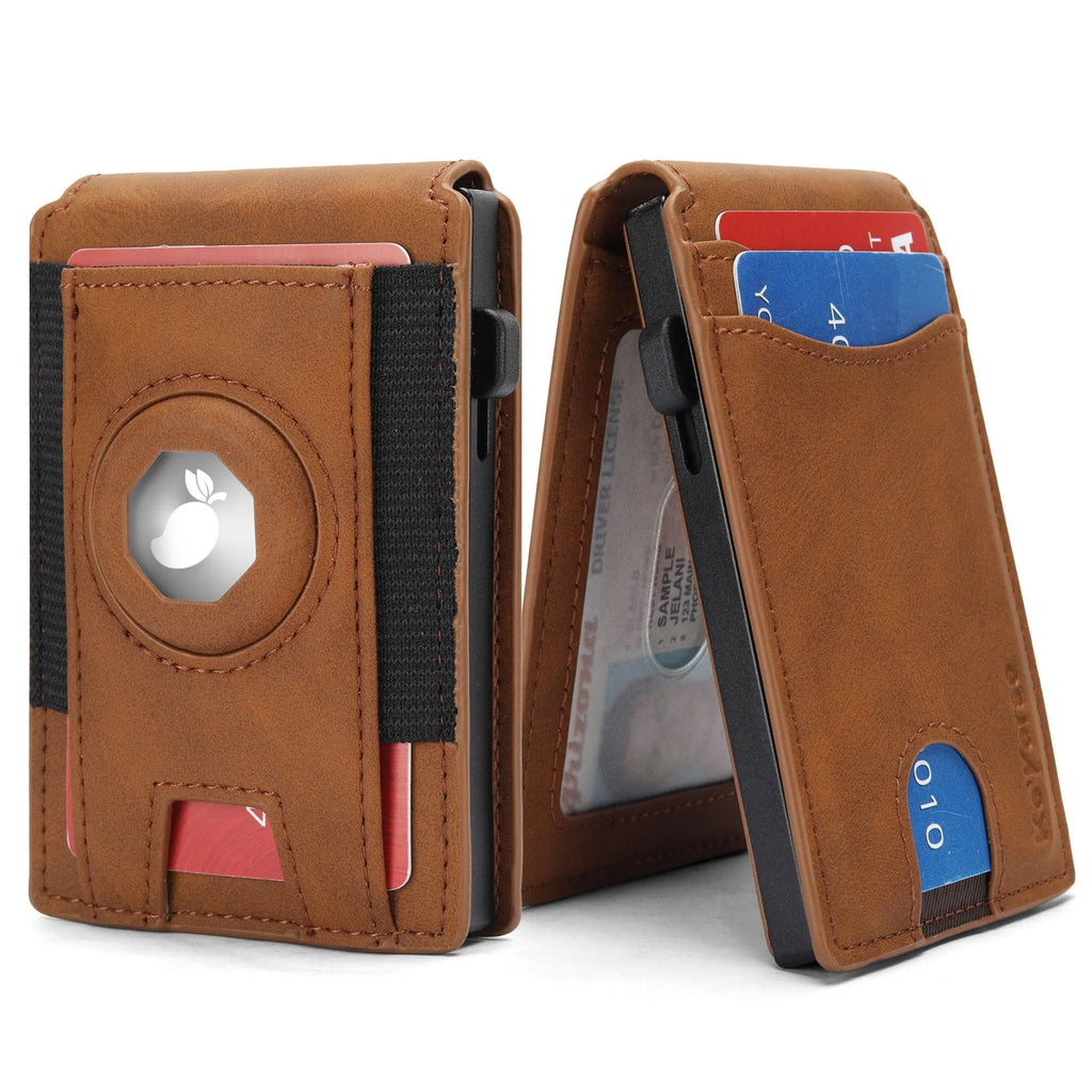 Men's slim synthetic leather card holder wallet in light brown, dark brown, and black colour options.