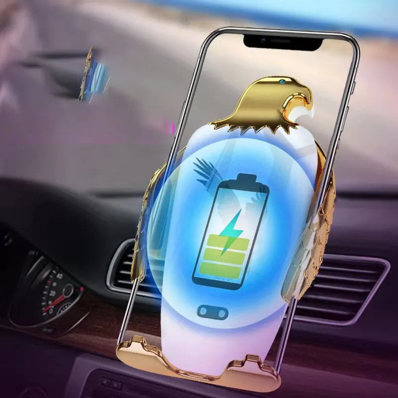 Eagle style car phone holder with wireless charging base and snap-on suction cup mount.