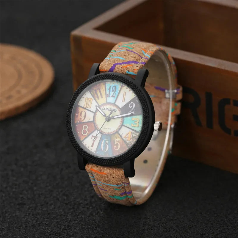 Women's vintage leather strap watch with 37mm round dial and tempered glass