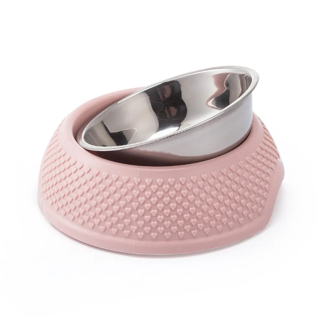 Stainless steel pet bowl with non-slip base in blue, green, or pink options, 19cm diameter