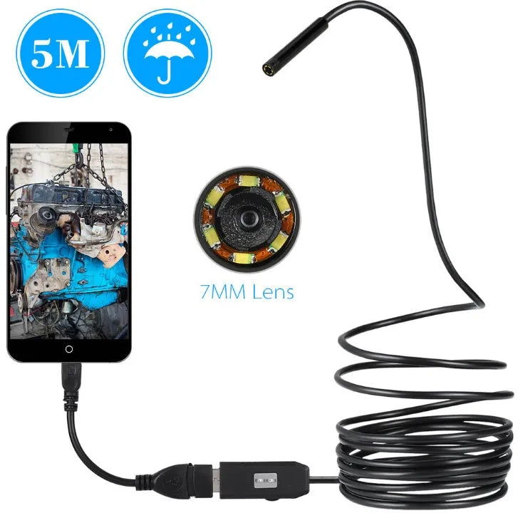 OWSOO USB endoscope camera with 5m cable, 6 LEDs, hook, magnet, and side mirror for phone and computer