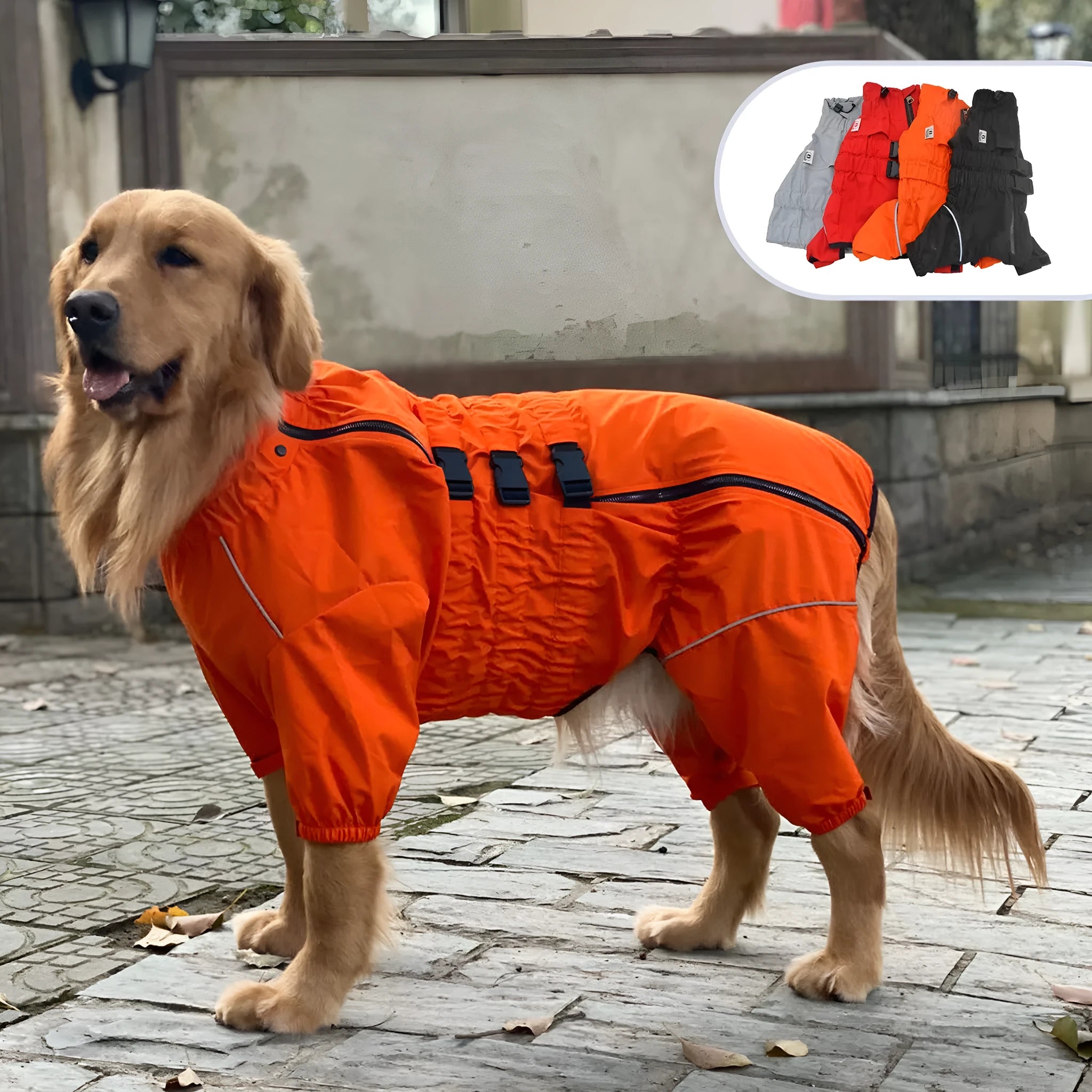 Outdoor four legged dog raincoat in black polyester with leg holes and adjustable fit