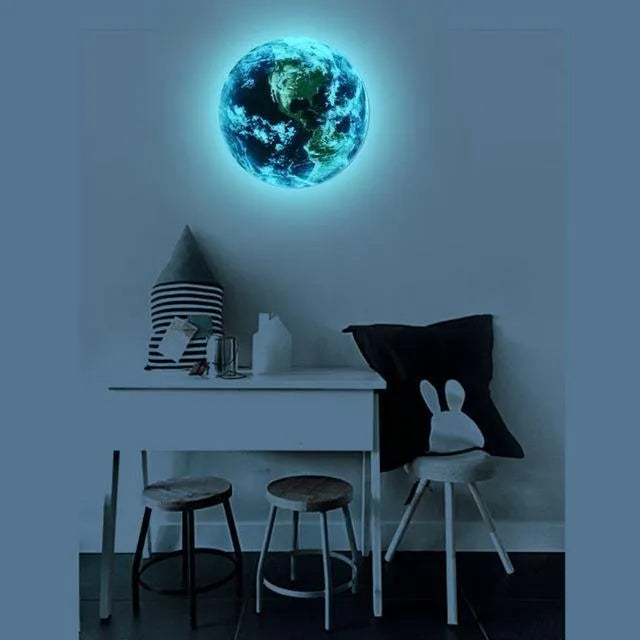 Glow in the dark 3D planet Earth wall sticker on a dark background.