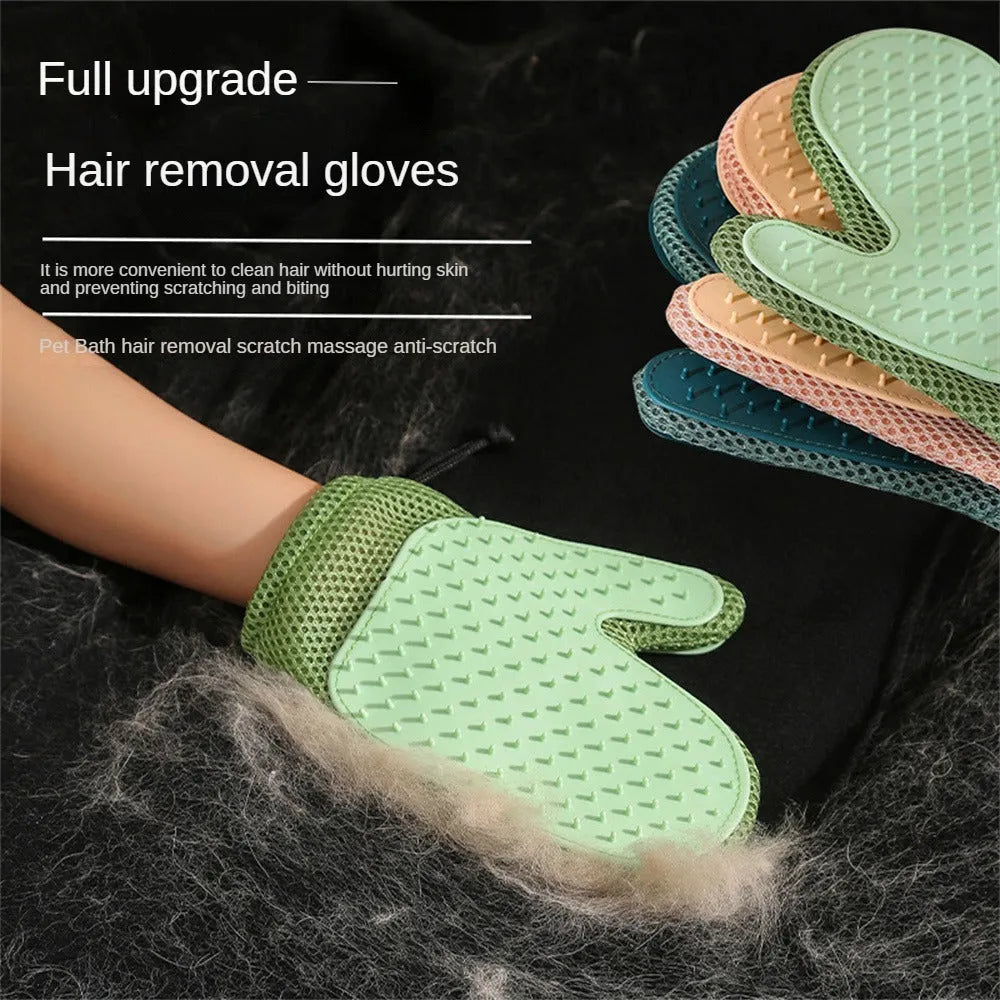 Dark blue pet grooming glove with TPR rubber brush nibs for removing dog and cat hair.