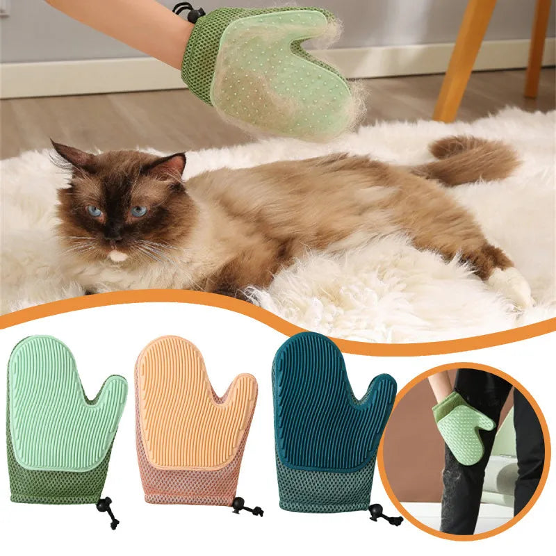 Dark blue pet grooming glove with TPR rubber brush nibs for removing dog and cat hair.