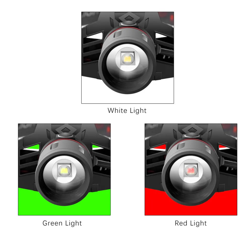 T6 LED headlamp with zoomable head showing white, green and red light options