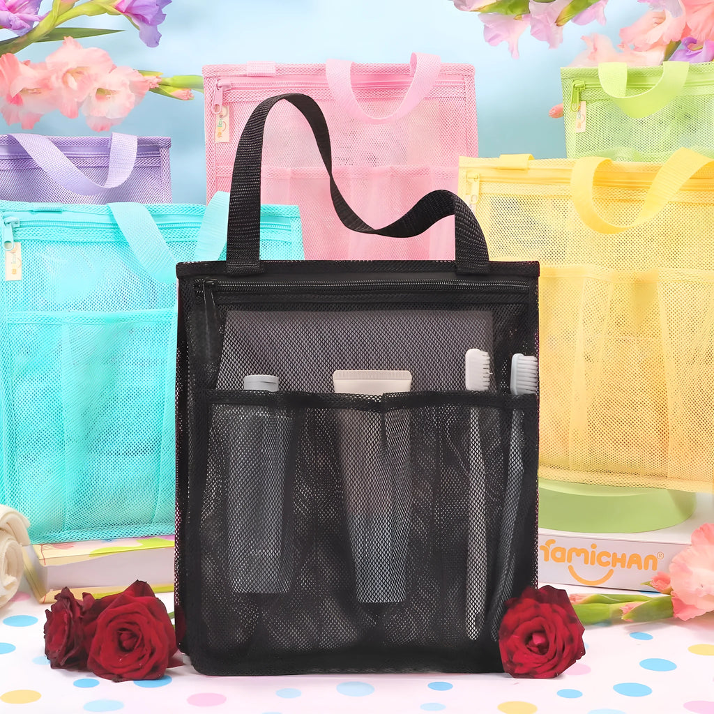 Black and pink large capacity polyester swimming gym bag with mesh pockets and dry wet separation compartments.