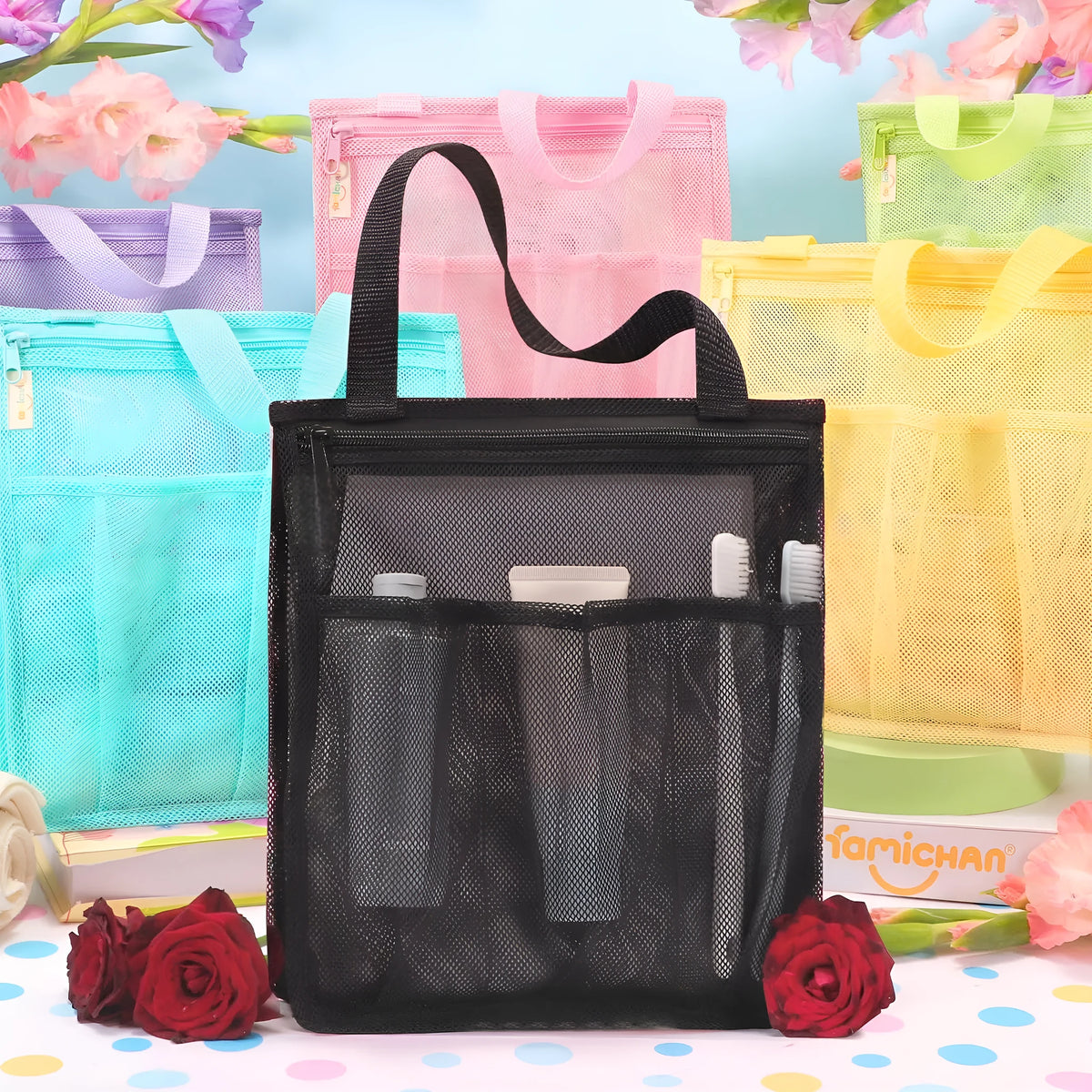 Black and pink large capacity polyester swimming gym bag with mesh pockets and dry wet separation compartments.