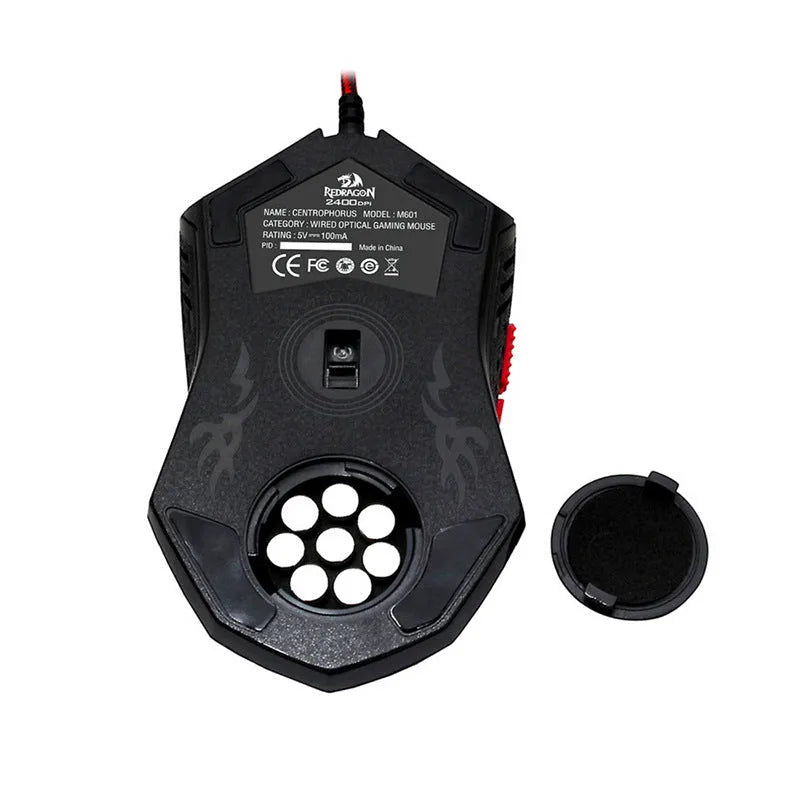 Black and red USB wired gaming mouse with six buttons and ergonomic design on desktop
