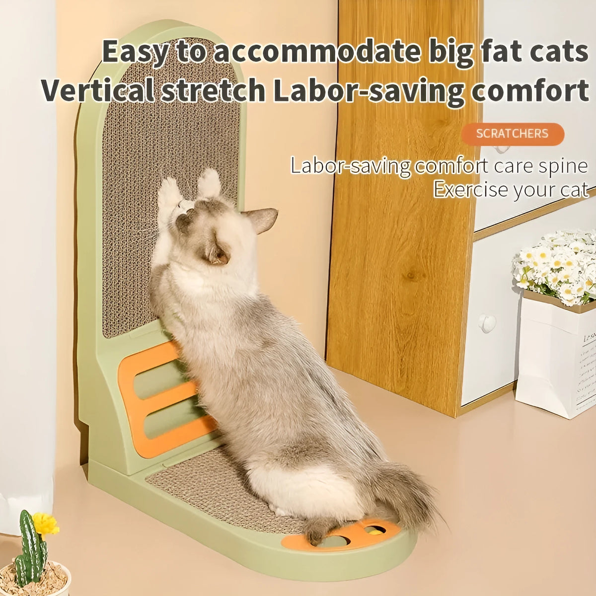 L-Shape vertical cat scratching board in grey, green, or white, showing thickened cardboard construction.