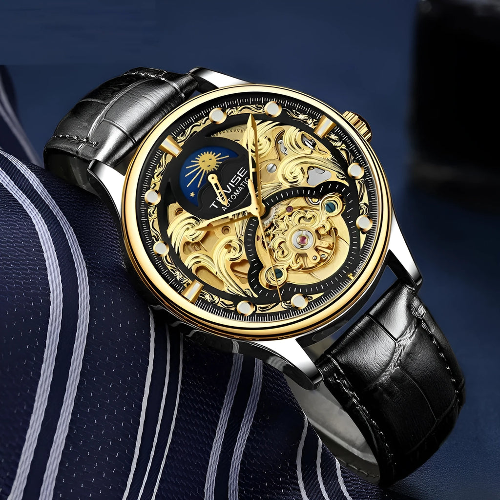 Men's automatic mechanical watch with leather strap in gold or white colour, 16mm case thickness