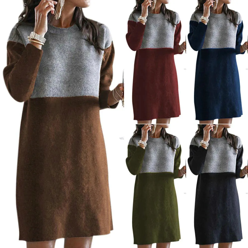 Brown women's patchwork sweater dress with princess silhouette and long sleeves in retro style