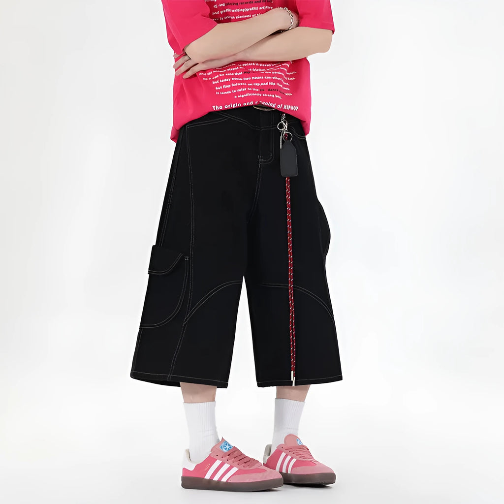 Retro denim workwear shorts with wide leg design and multiple pockets in red and black colours