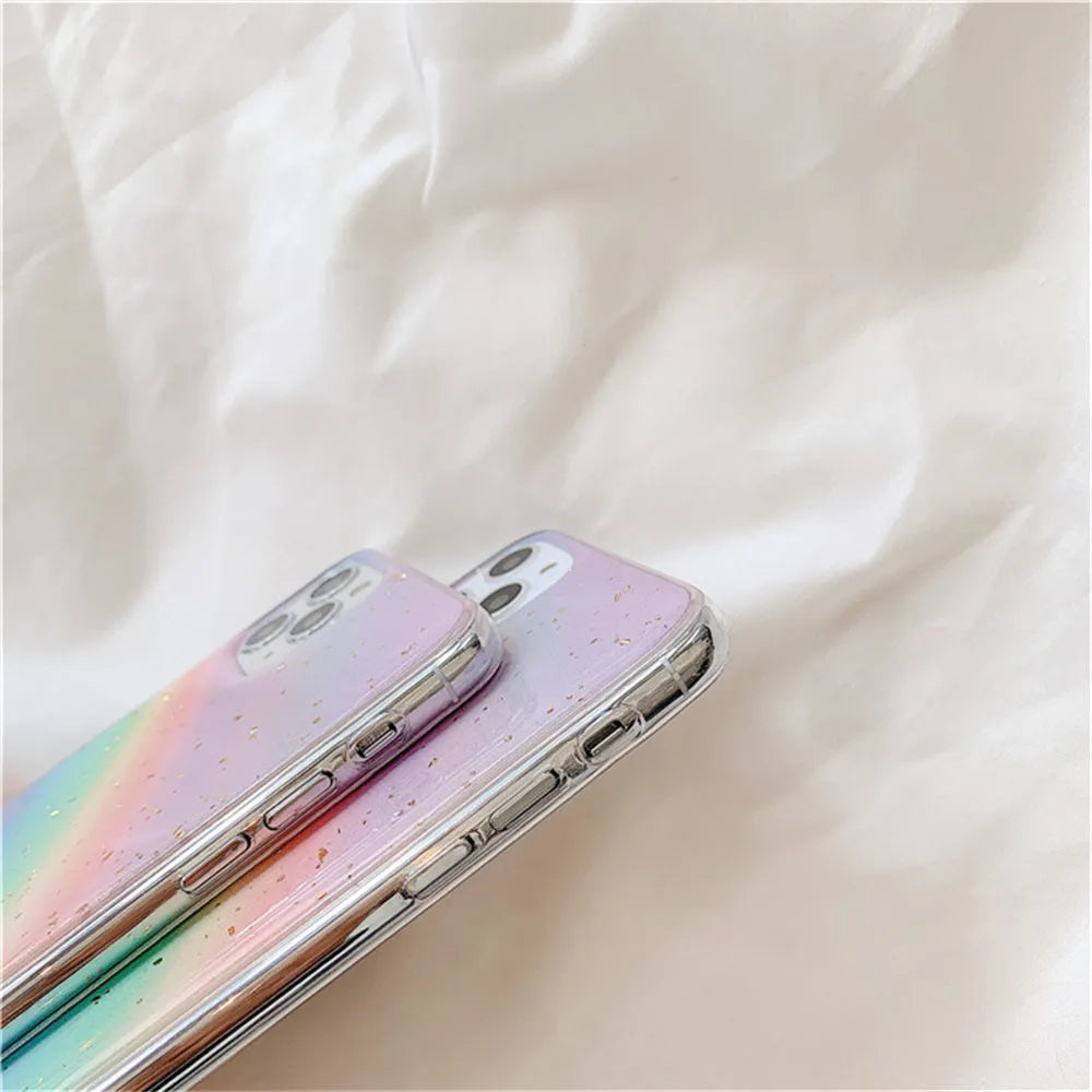 Rainbow gradient striped flexible TPU case for iPhone on a white background.