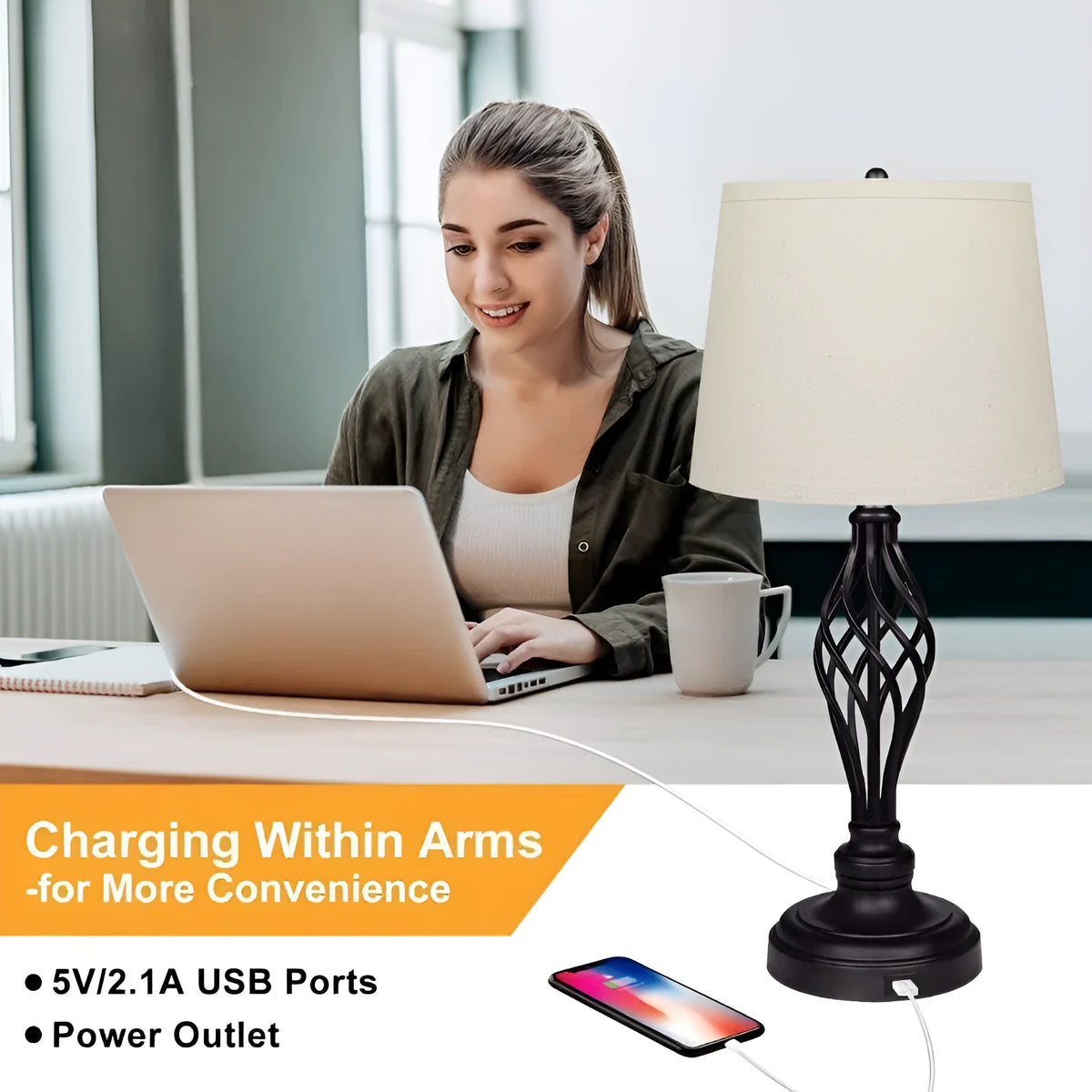 European style alloy USB bedside table lamp with touch controls for warm and cool white dimmable lighting