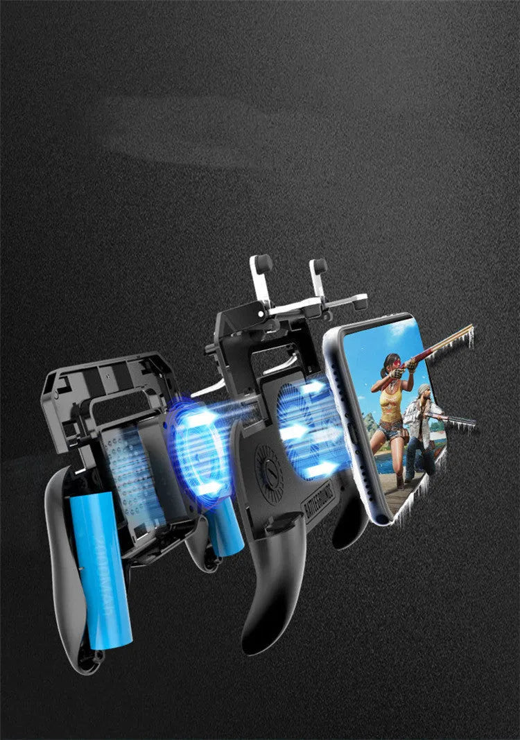 A black mobile phone game controller with USB cable and physical buttons on a compact body.
