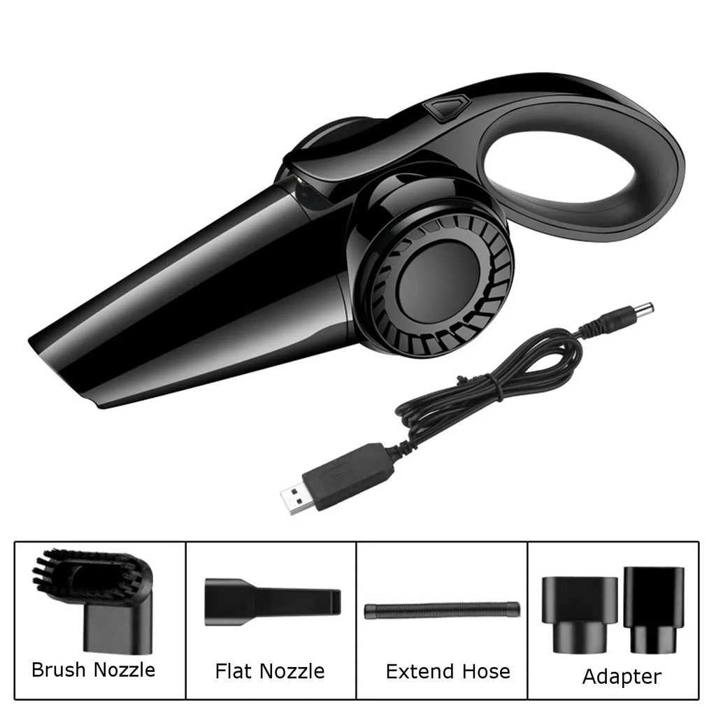 Portable handheld car vacuum cleaner cordless wet dry rechargeable in black with USB charging cable