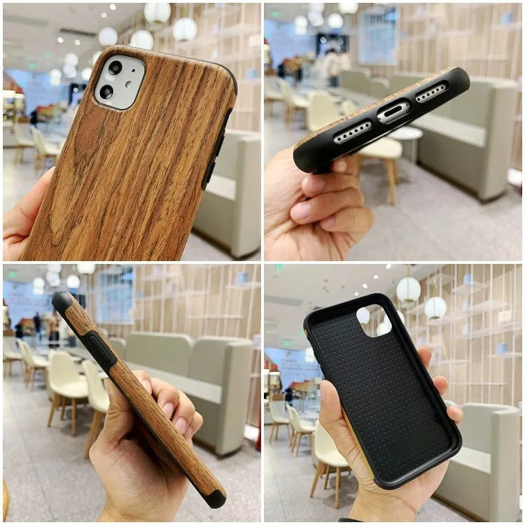 A simple wooden back cover case for an iPhone, shown in a rosewood finish.