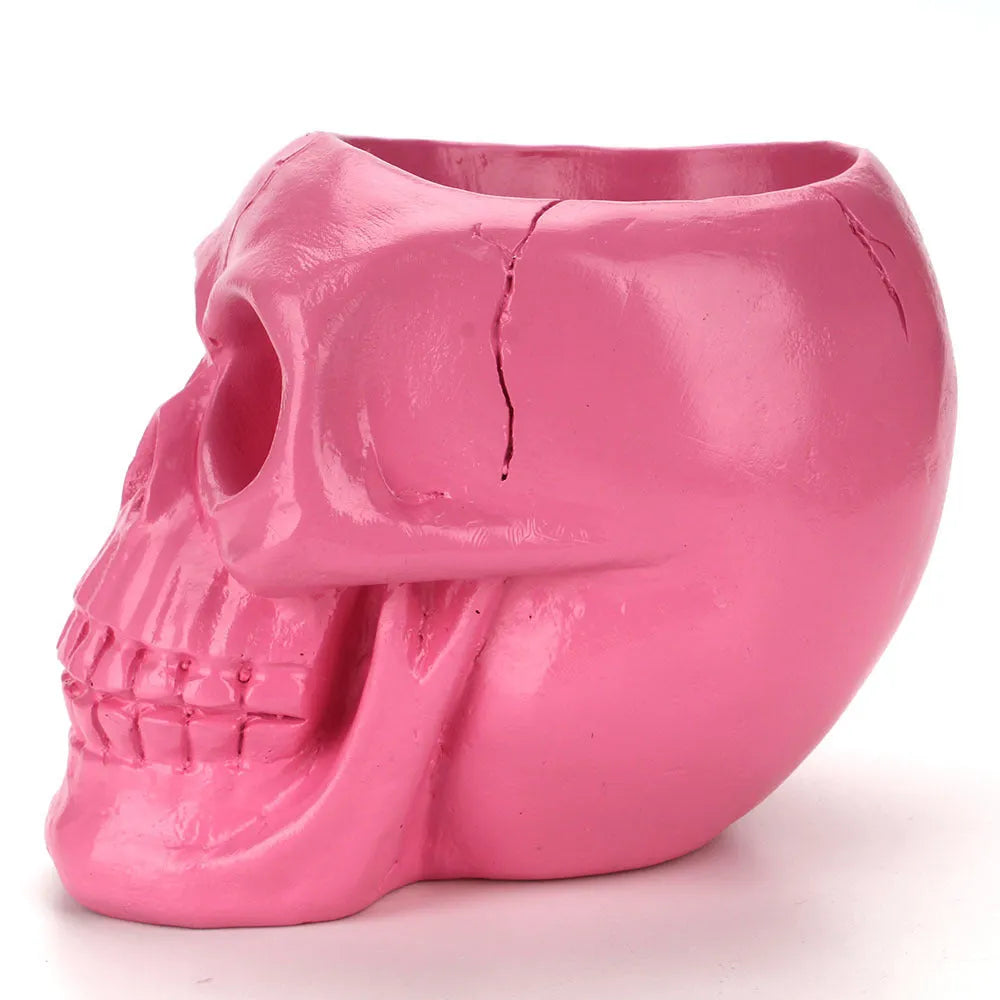Skull head resin storage tube in black, 11x15x11cm, with brain-shaped interior