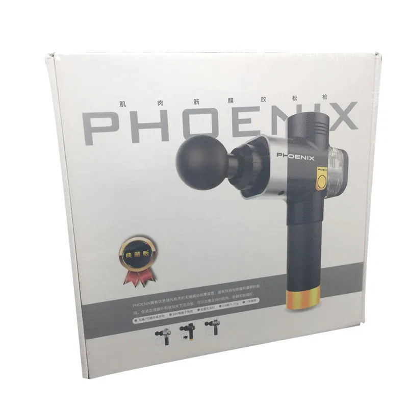 Black fascia massage gun with four different coloured massage heads on a table