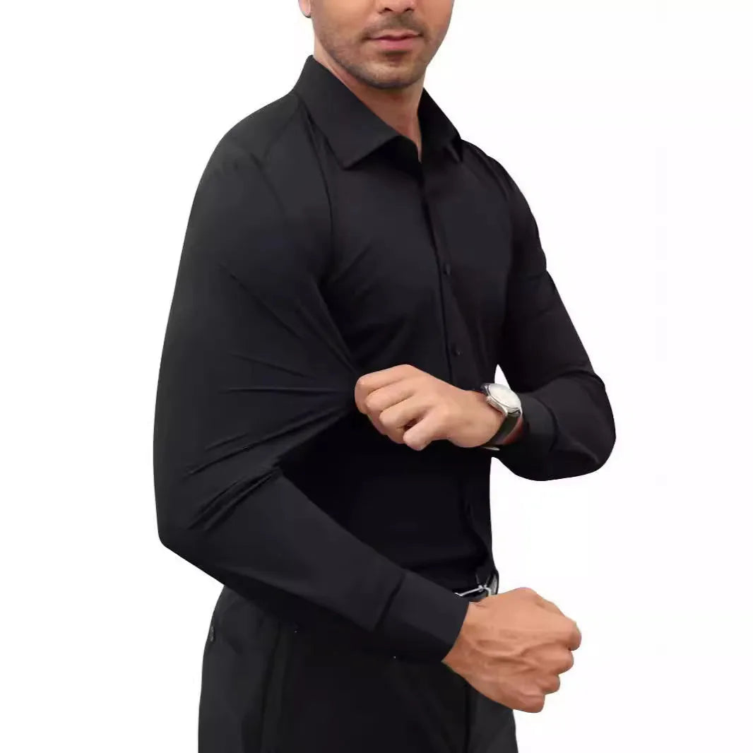 Men's long sleeve solid colour cardigan style shirt with four-sided elastic polyester fabric