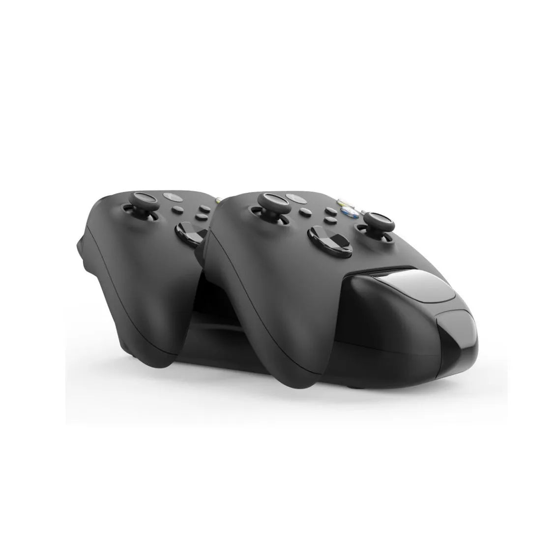 Black wireless charging station for two Xbox Series X|S controllers with LED lights, shown with battery packs.