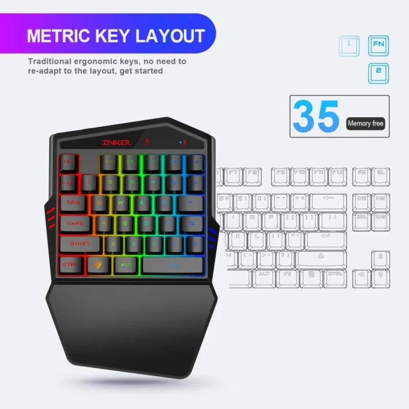 HXSJ K99 Bluetooth one-handed gaming keyboard and wired mouse set in black with phone holder