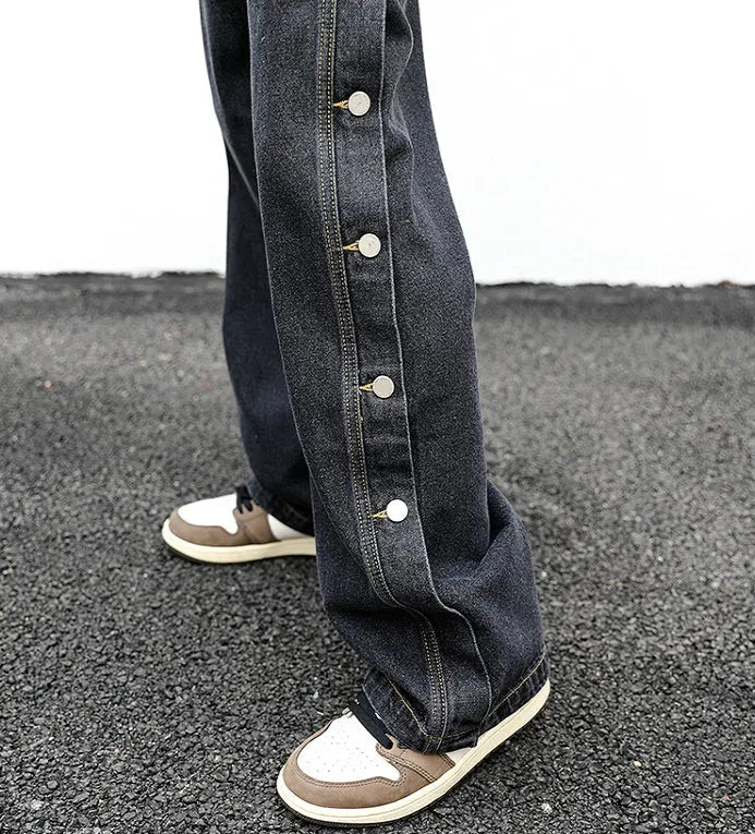 Women's straight loose jeans in black cotton with zip fly, mid-low waist, sizes M L XL