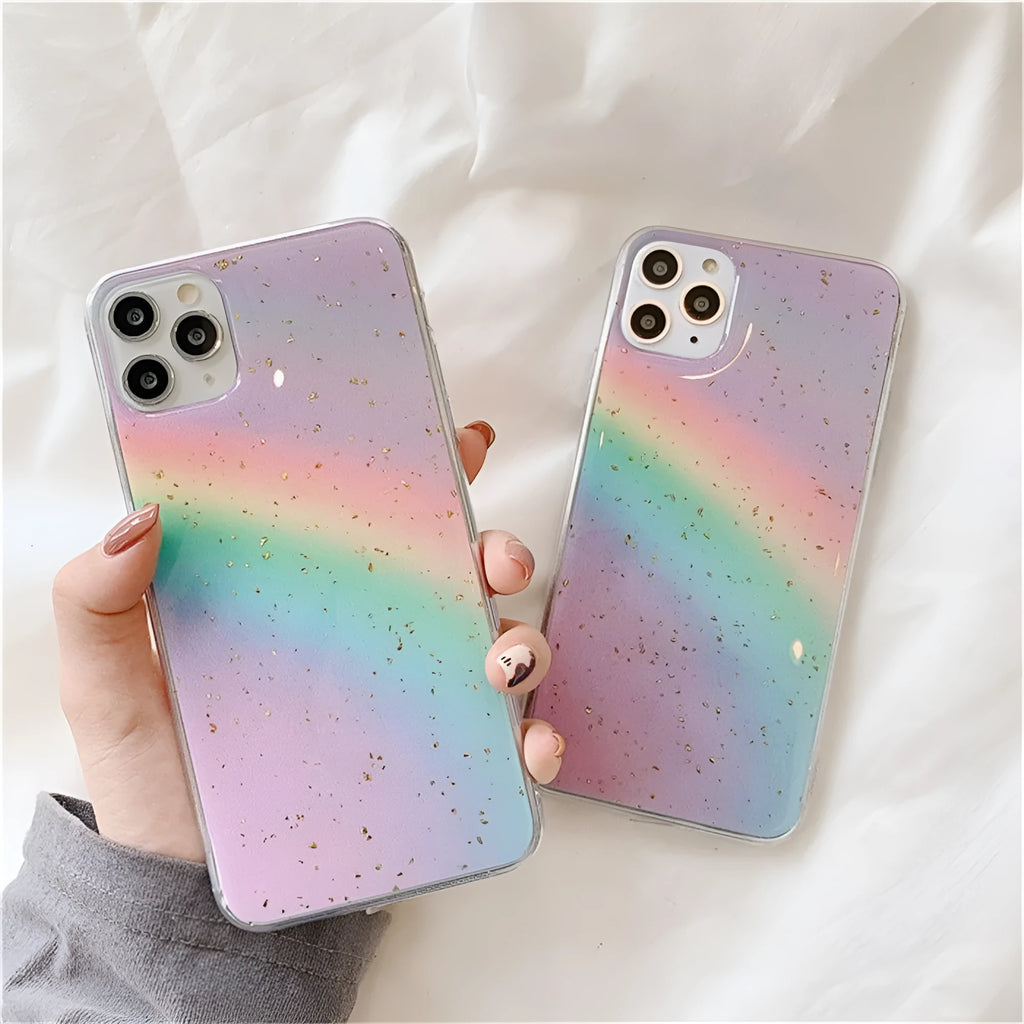 Rainbow gradient striped flexible TPU case for iPhone on a white background.