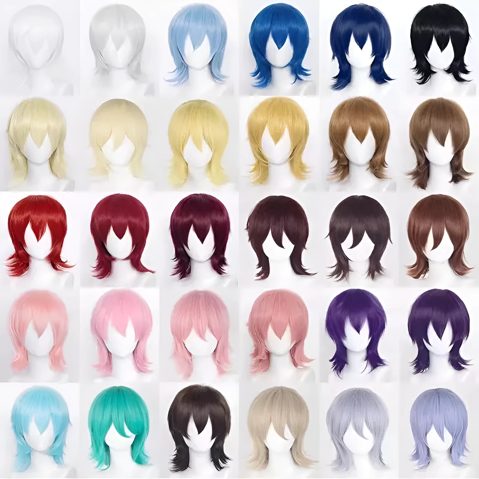 Men's short hair anime cosplay wig in high-temperature synthetic fibre on a stand