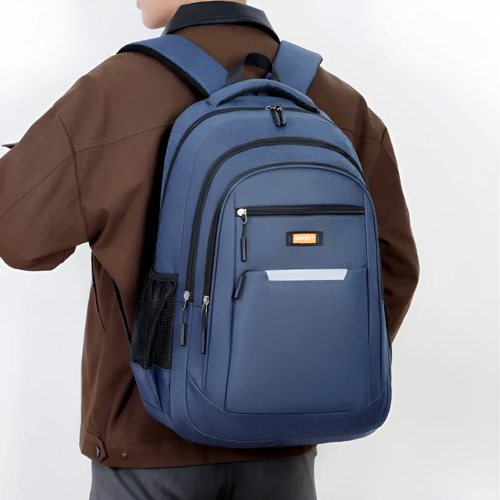 Casual men's Oxford cloth backpack in a choice of black, blue, gray, or green colours