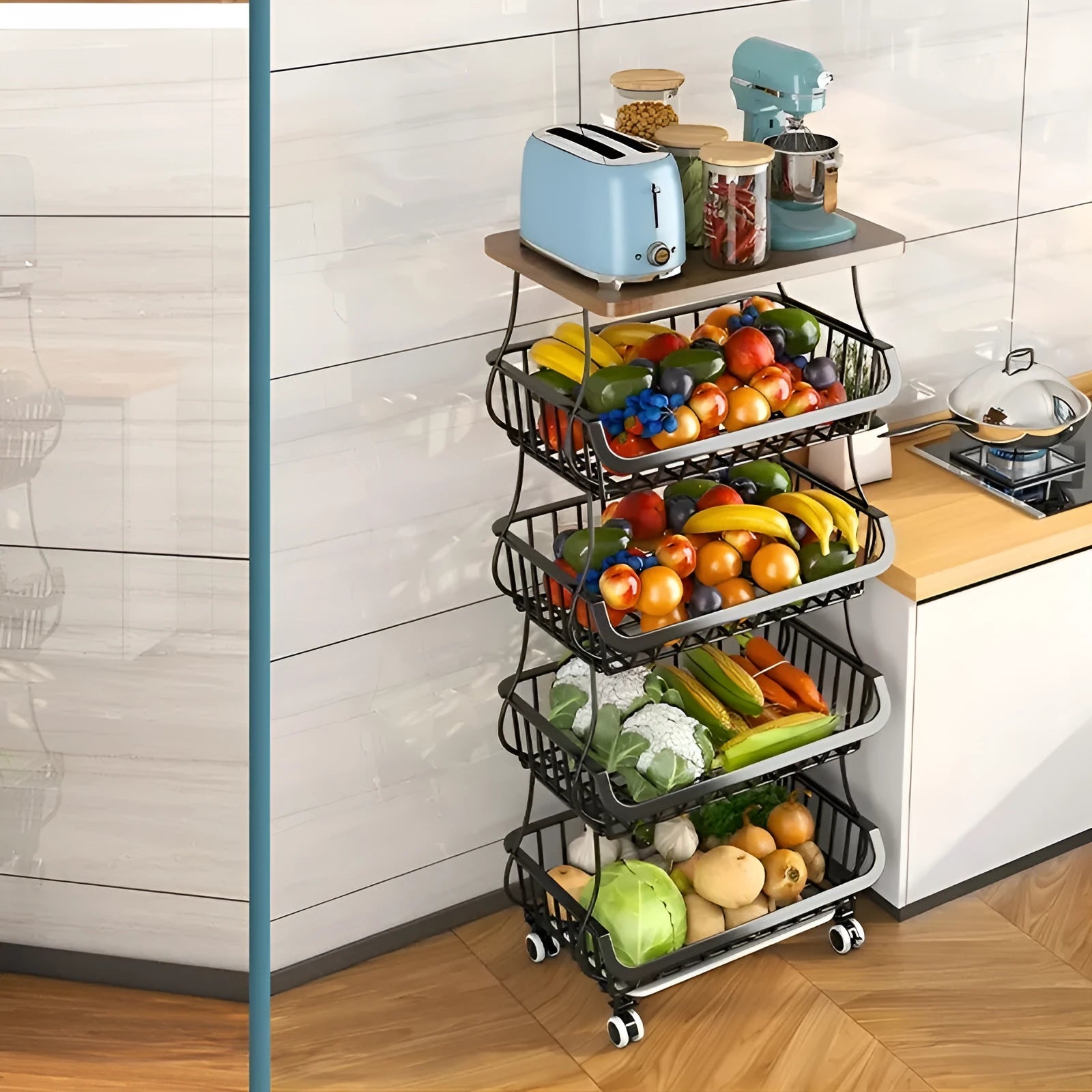 Black six-tier free-standing kitchen storage trolley with foldable metal shelves.