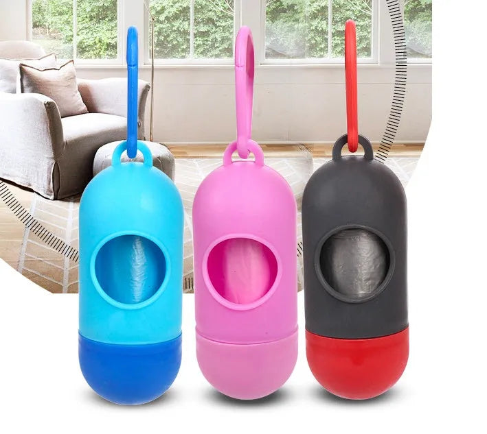 Roll of coloured plastic pet waste bags showing size of 22.5cm by 30cm.