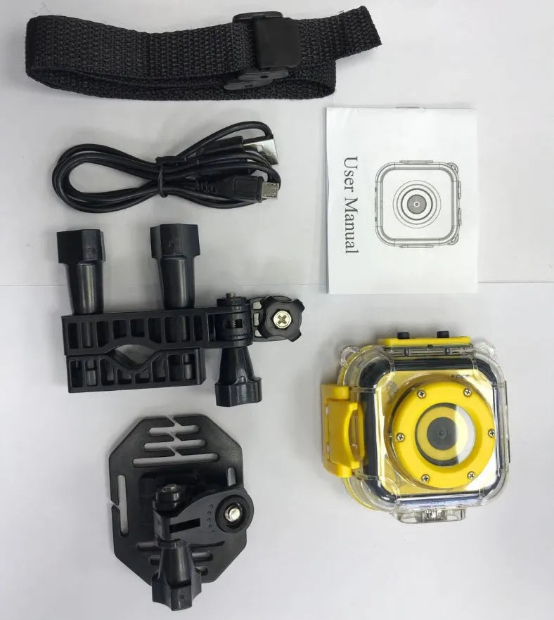 Yellow children's waterproof sports camera with a 1.77-inch screen, shown from the front.