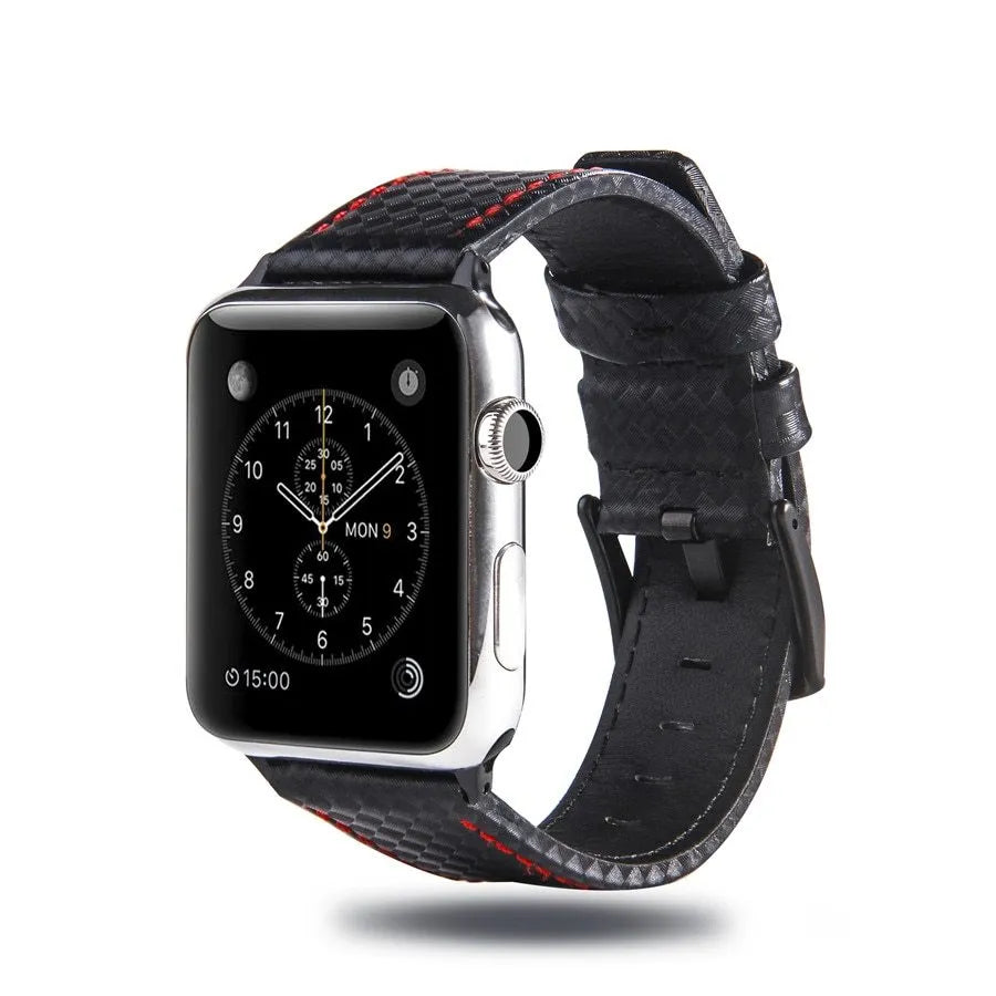 Carbon fibre and leather Apple Watch band with PC hard case in black, blue, orange, and red colour options