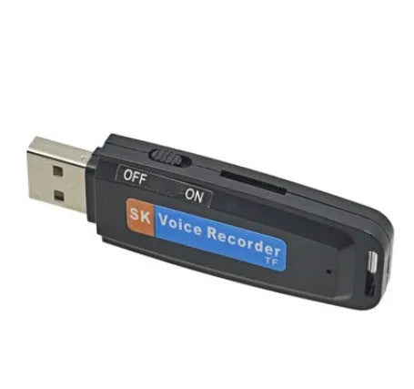 Black and white USB flash drive with voice recording function showing 70mm length