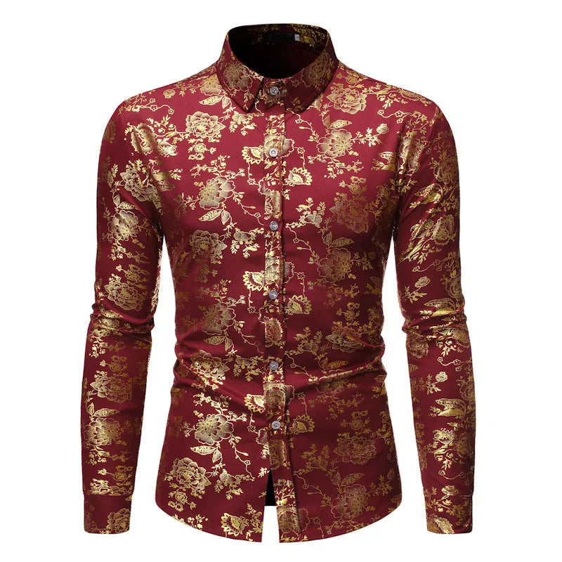 Men's casual cardigan shirt with a bronze-printed lapel, long sleeves, and a regular fit.