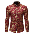 Men's casual cardigan shirt with a bronze-printed lapel, long sleeves, and a regular fit.