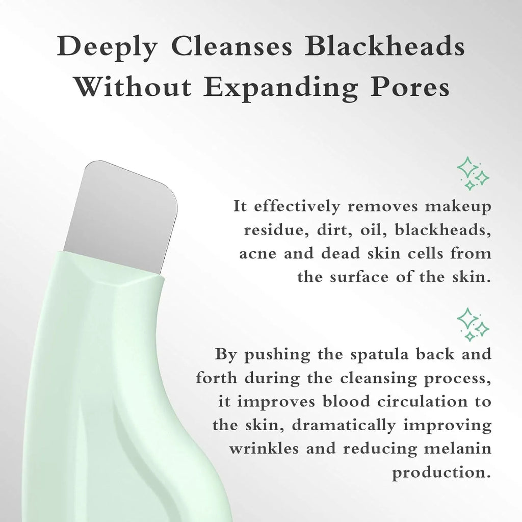 Green stainless steel pore scraper facial tool with a non-slip handle for blackhead removal