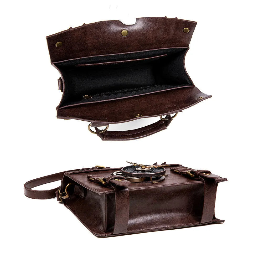 Bronze steampunk pillow shoulder bag with metal hardware on a structured square PU body.