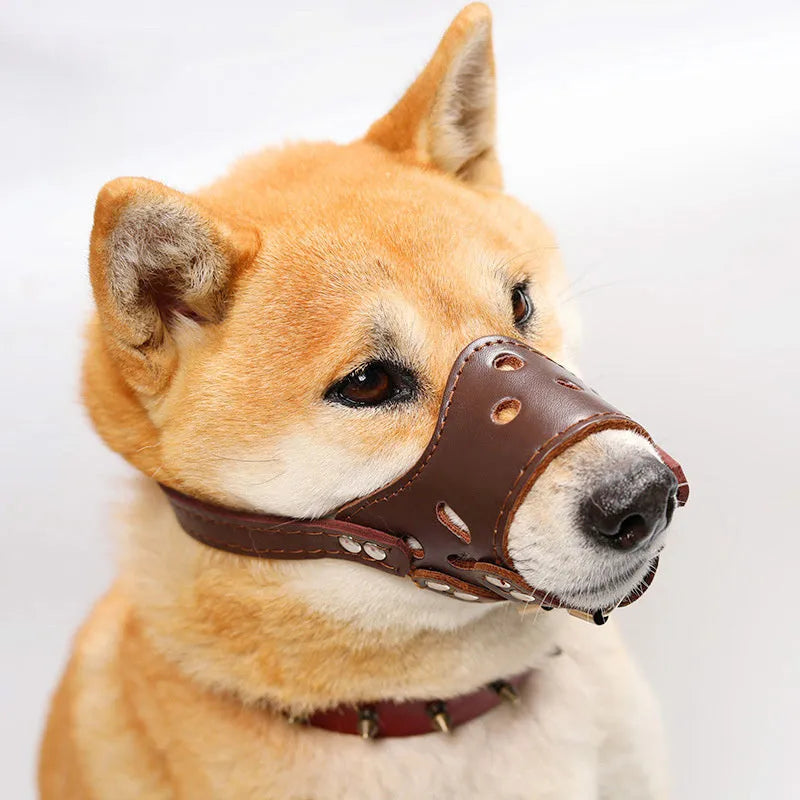 Adjustable dog muzzle in black or brown, sizes XS to XXL for anti-barking and bite prevention.
