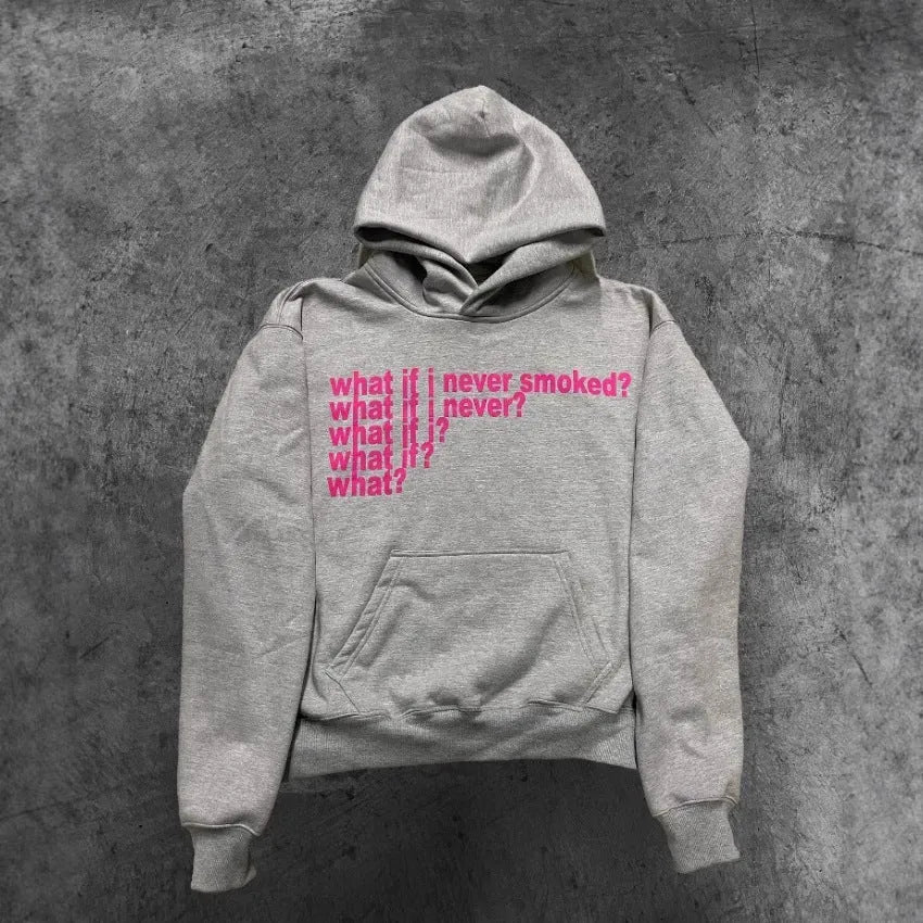 Black hooded sweater with white letter print on the front, shown on a model.