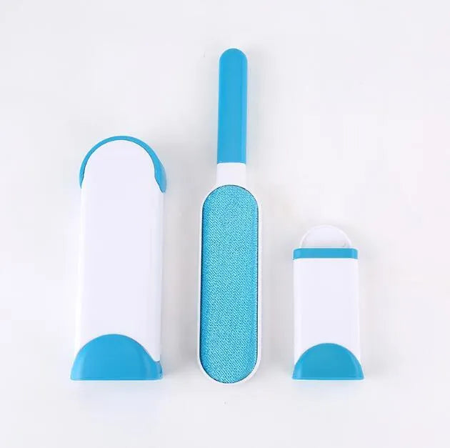 Reusable pet hair removal comb with a self-cleaning base, shown in blue, for cleaning cat and dog fur from sofas.