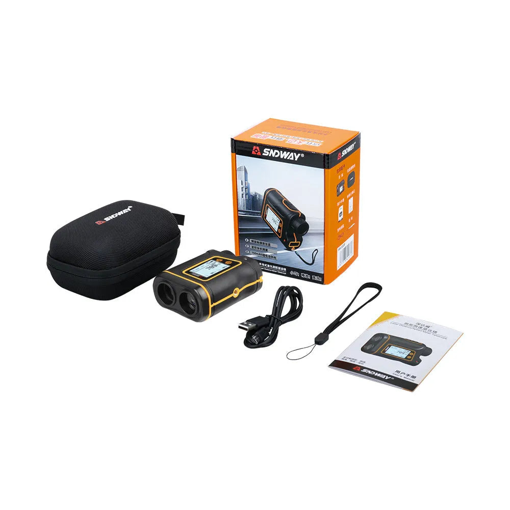 SW series handheld golf laser rangefinder showing compact black design on golf course.