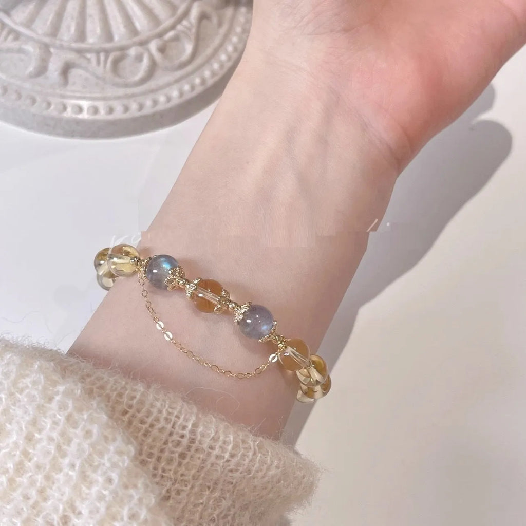 Chinese-style women's crystal bracelet with 14K gold electroplating and diamond-shaped citrine moon design