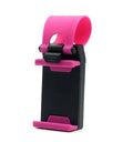 Black steering wheel phone holder clip mounted on car steering wheel holding smartphone